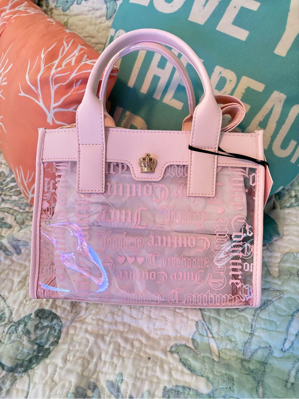 Juicy Couture Pink Clear Mini Tote with Gold Crown Accent